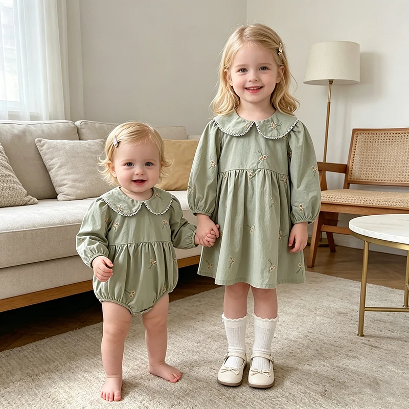 Sisters Clothes Infant Baby Girls Ruffled Dress Rompers Sisters Baby Girls Flower Print Princess Dress Family Clothes Rompers