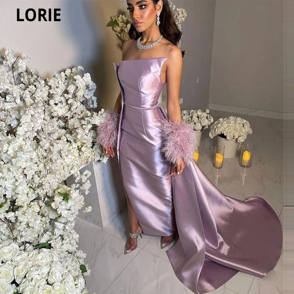 

LORIE Saudi Arabia Lilac Prom Dresses Strapless Mermaid Evening Party Gowns Formal Split Feathers Abendkleider Event Dresses