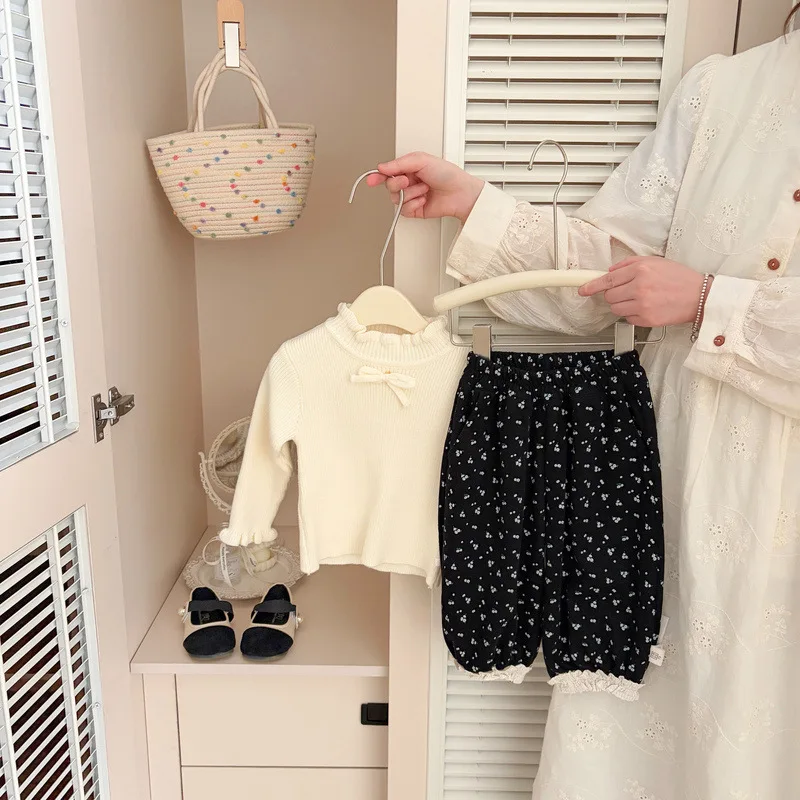 2026 Autumn New Girls Sweet Bow Half Turtleneck Sweater Children Knitted Pullover Baby Girl Cute Lace Knitwear Toddler Clothes