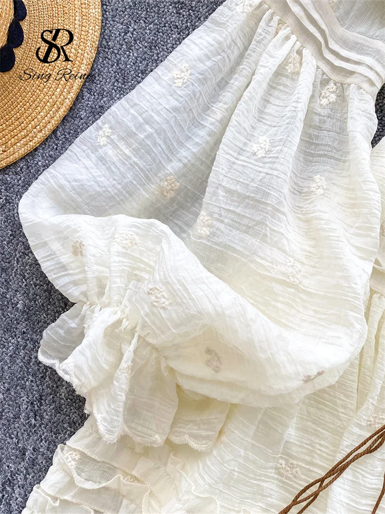 فستان SINGREINY صيفي مطرز متوسط الطول للسيدات بأكمام واسعة وكشكشة على شكل فراشة وشاحات فرنسية قابلة للطي فستان صيفي عتيق للعطلات #5