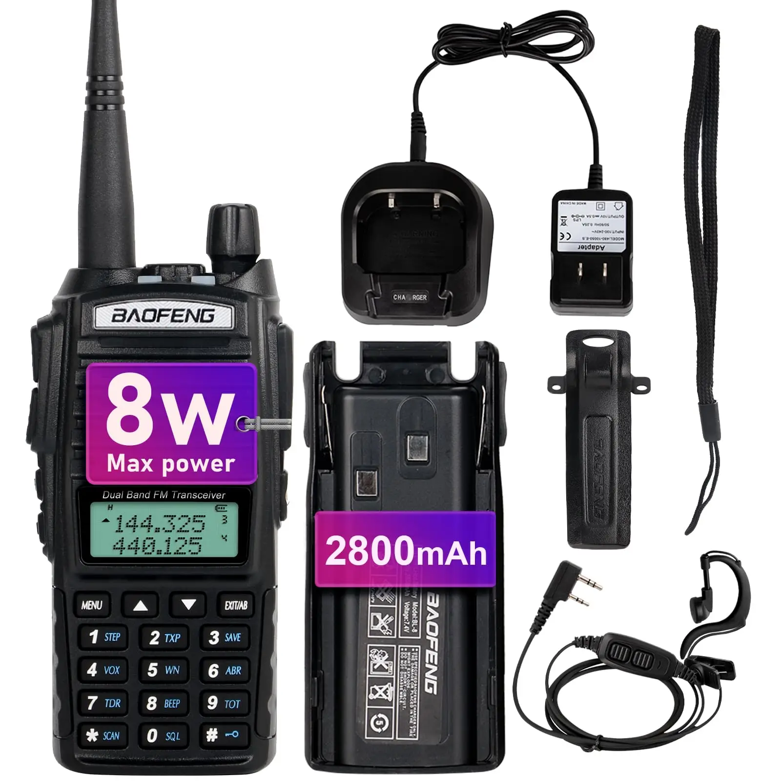 Original BaoFeng UV-82 High Power Radio Ham Radio Handheld Walkie Talkies Two Way Radio VHF/UHF 2800mAh Battery USB Charger