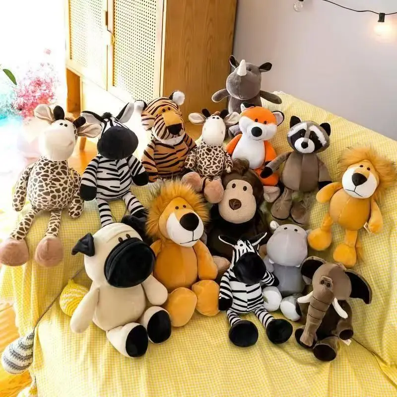 Animales de peluche de juguete, muñecas suaves, León de la selva, elefante, Tigre, perro, zorro, mono, ciervo, regalo para niños, juguetes Kawaii para bebés y niños