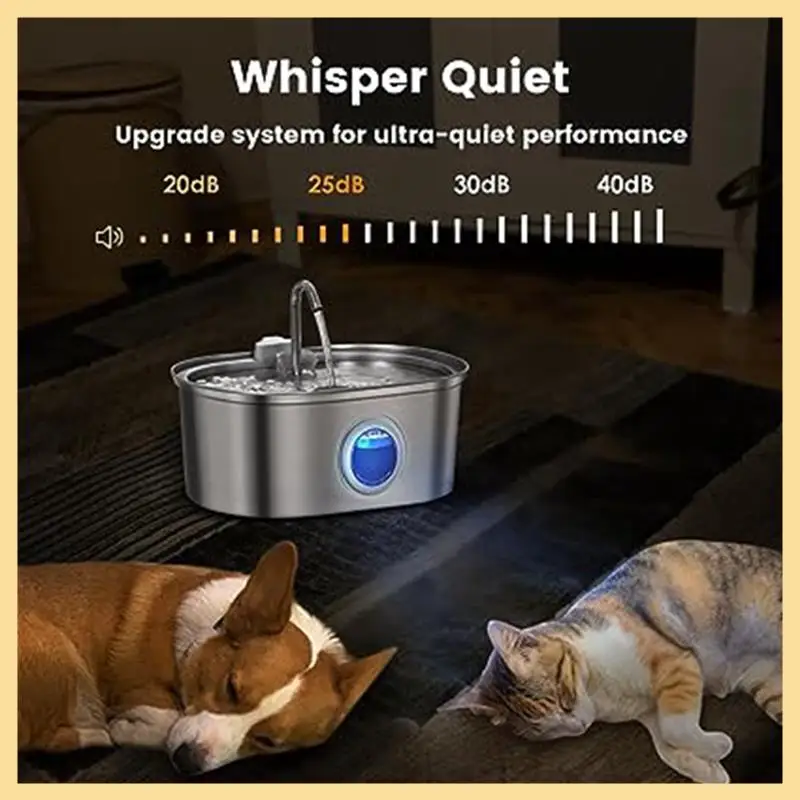 GOOD-Pet Water Fountain Water Fountain Stainless Steel With Transparent Window Ultra Quiet Pet Water Feeder Silver (US Plug)