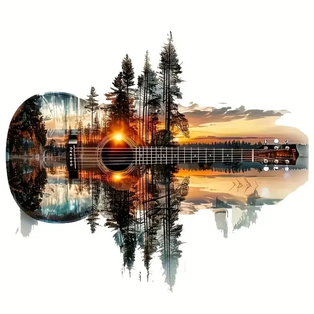 

Наклейки с изображением большой гитары и отражения заката в лесу, яркие виниловые наклейки с природным пейзажем для автомобилей, ноутбуков, мобильных телефонов, стен