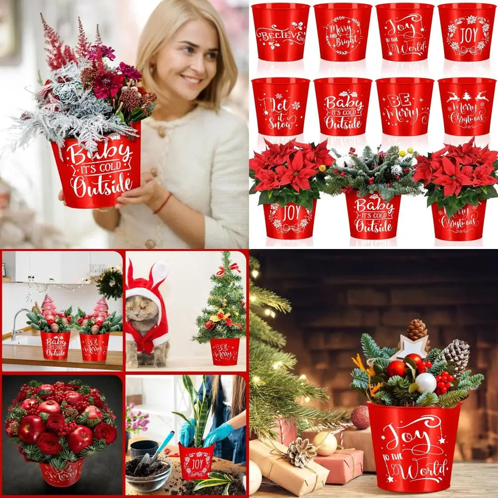 

16-Piece Christmas Red Galvanized Planters, 6-Inch Metal Flower Pots for Garden & Patio Decorations