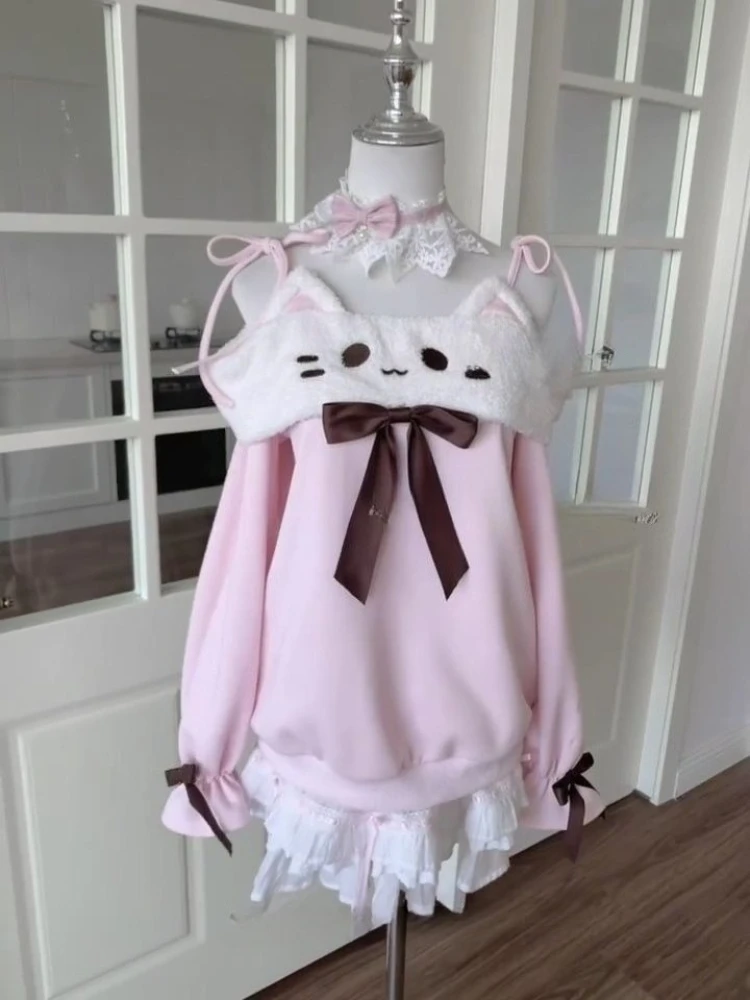 اليابانية Kawaii طويلة الأكمام الوردي هوديي المرأة الخريف الحلو القوس التطريز قبالة الكتف القمم تصميم دافئ جميل المرقعة معطف