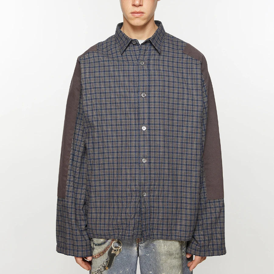 

NIGO Men's Spring & Autumn Fitted Solid Color Cotton Single-Breasted Patchwork Check Button Shirt Ngvp #nigo9173