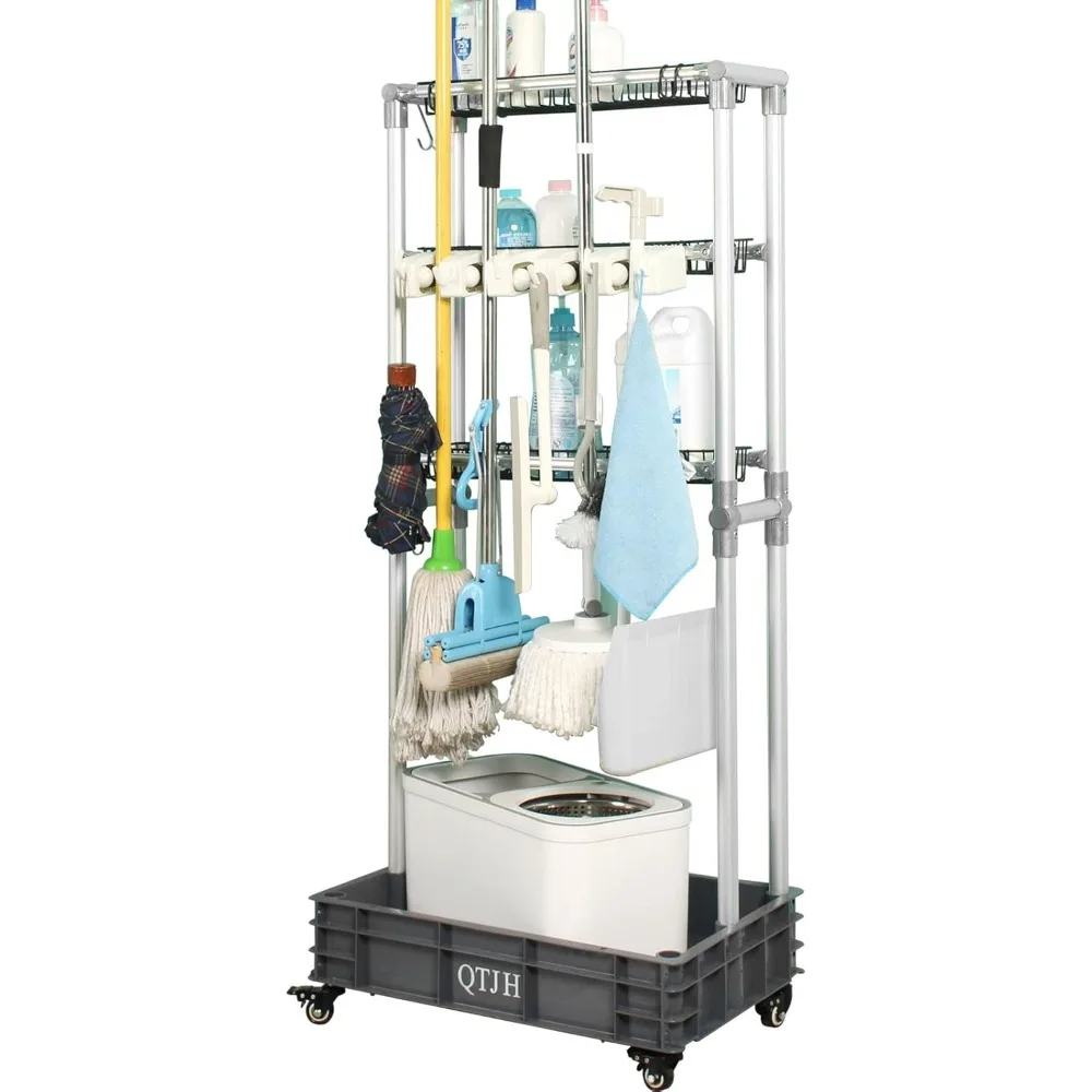

Steel Wire Cleaning Supplies Organizer Rack for Brooms, Mops, and Janitorial Carts