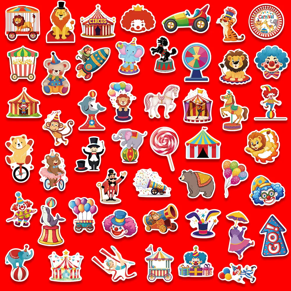 50PCS Crazy Carnival Circus Stickers Cartoon Animals Graffiti Decals For Laptop Skateboard Suitcase Guitar Waterproof Stickers