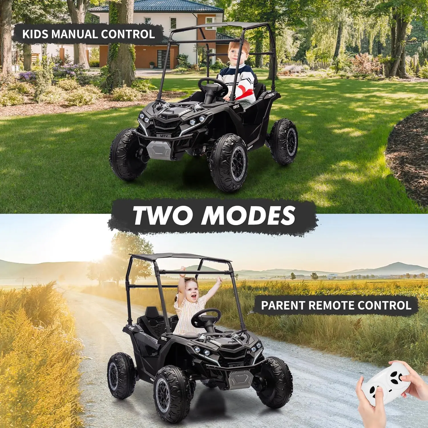 Voiture pour enfants 24V 2 places avec télécommande, camion électrique 4WD avec pare-soleil, jouet tout-terrain UTV avec choc à 4 roues
