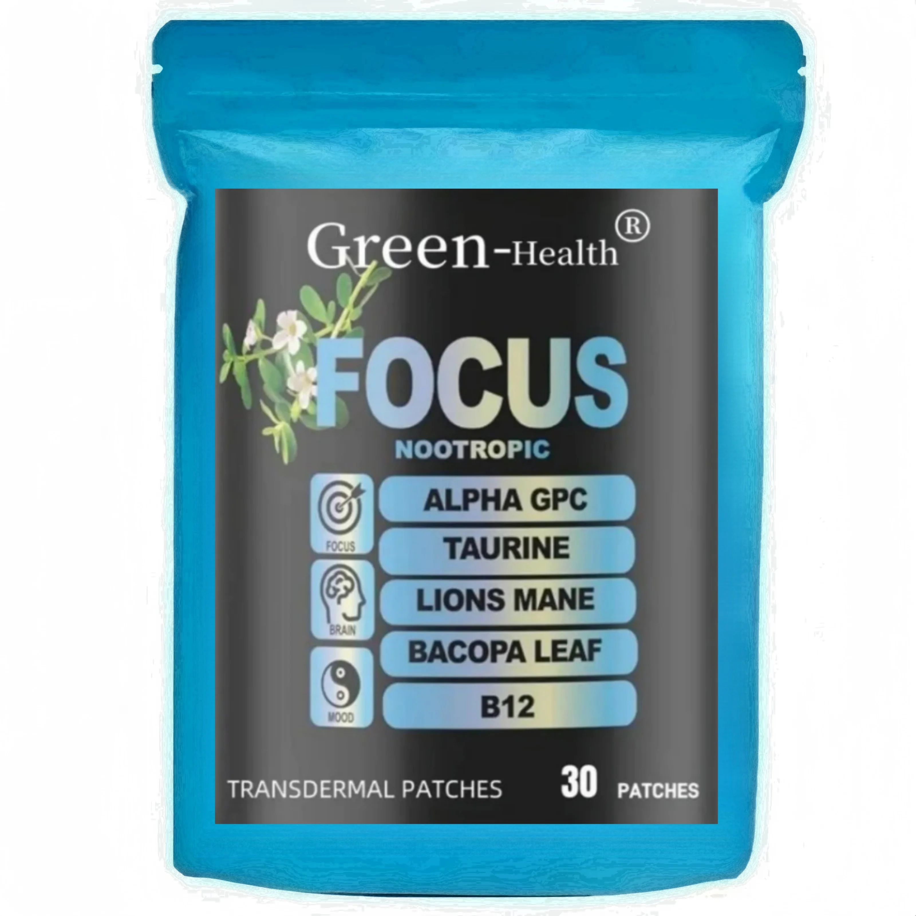 30 parches Focus Parches transdermicos para el cerebro nootrópico 6 en 1 con melena de leones, vitamina C y B12, taurina, bacopa