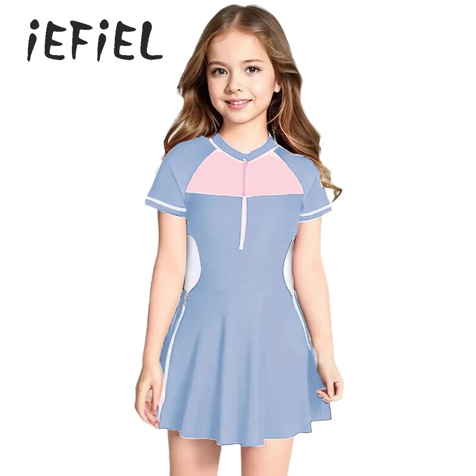 

Teen Girls One-Piece Swimsuit with Skirt Patchwork Swimming Dress UV Protection Swimwear Summer Zip Rush Guard Swim Beachwear