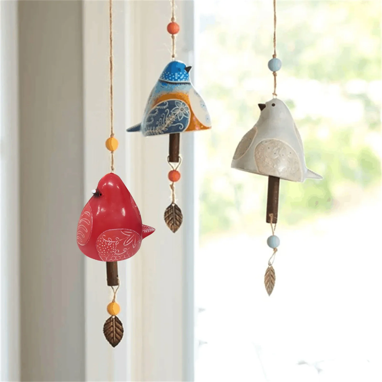 Hand Painted Resin Hanging Bird Song Bell Bird Wind Chime For Wall Window Door Wind Bell Hanging Ornaments Garden Patio Decor