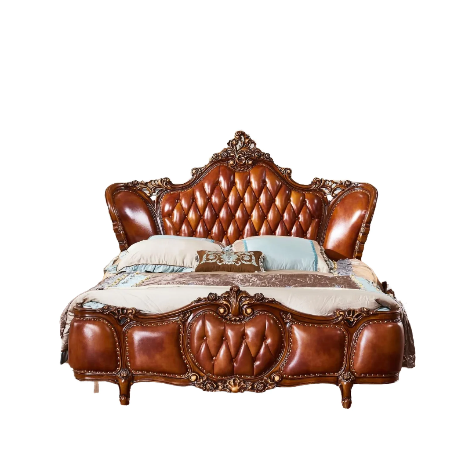 #Luxury Royal French Classic Beech Wood Gold Leaf Italy Fabric Full Bed Bedroom Furniture Set for Apartment & Hotel Use