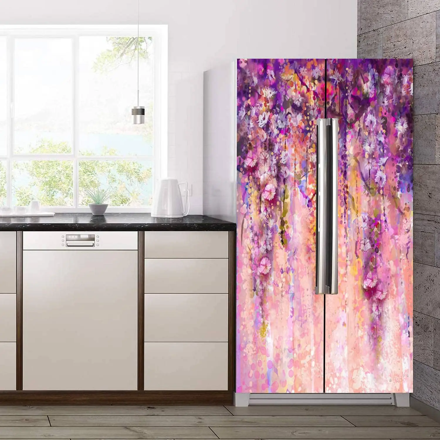 Abstract Pink Violet Refrigerator Wrap Self Adhesive Watercolor Painting Flowers Fridge Sticker Color Floral Kitchen Decor Mural