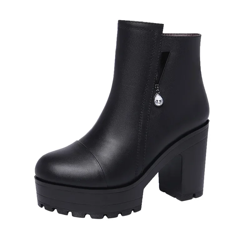 Small Size 32-43 Block High Heels Boots Women Fur Shoes Winter 2024 Soft Leather Thick Platform Ankle Boots Black Mother Office