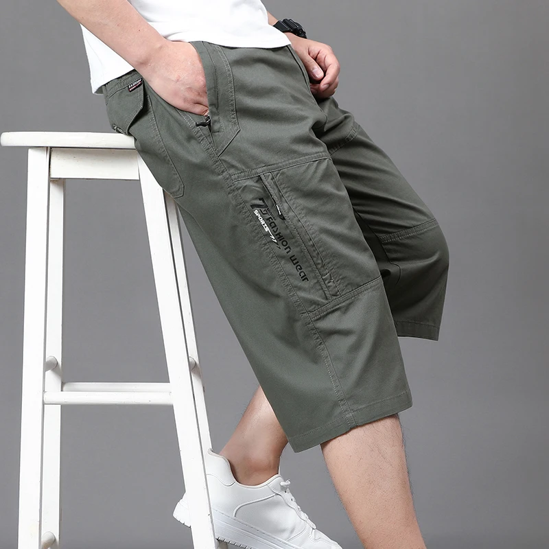 Men\'s Cropped Pants Cargo Shorts Big Size Below Knee Shorts Sports Short Pants Streetwear Hip Hop Straight Loose Pants