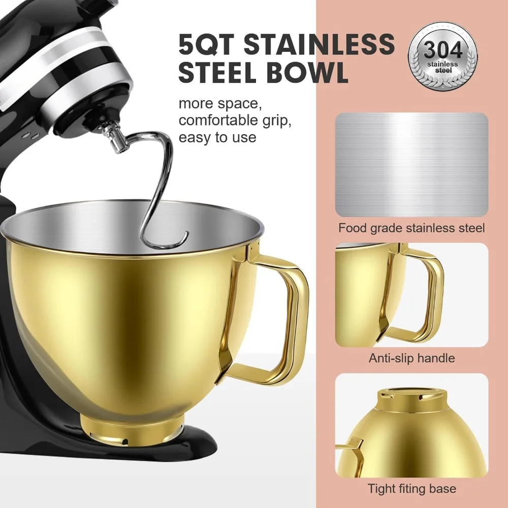 

Gold Mixer Bowl Replacement Bowl For 4.5QT/5QT KitchenAid Tilt-head Stand Mixeres Golden Heavy Duty Stainless Steel With handle