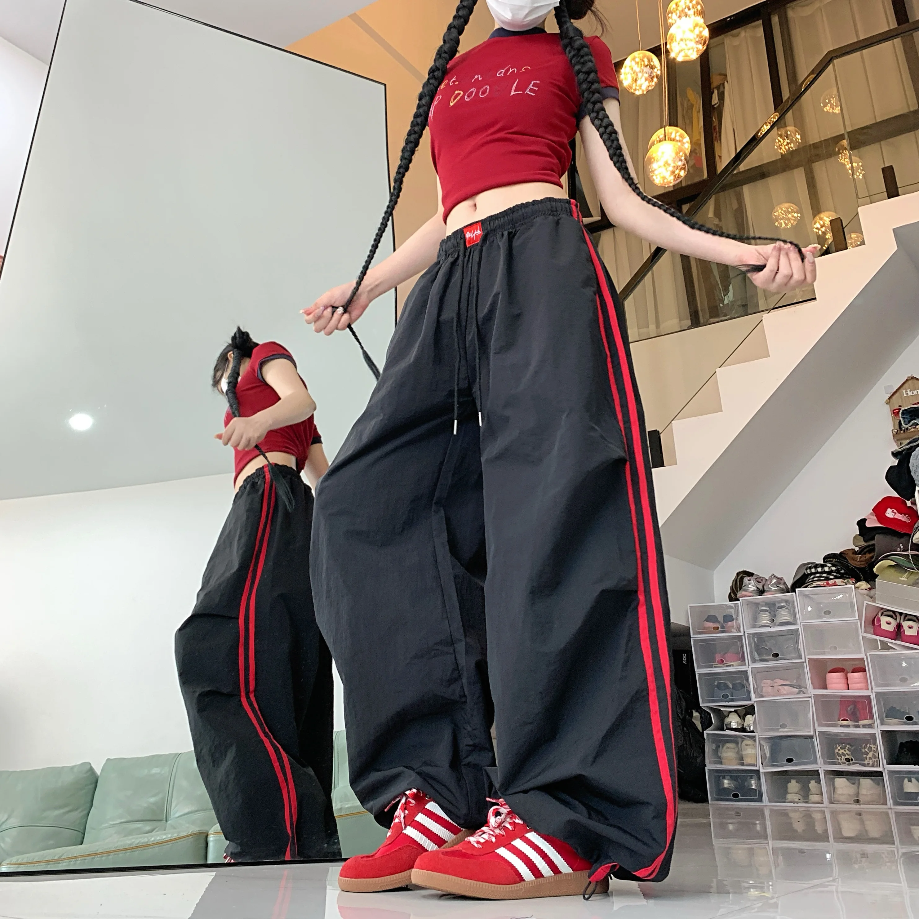 

Women's Black Gothic Casual Pants Y2K Striped 2000s High Street Street Dance Sports Loose Wide Leg Retro Pants Clothing 2025
