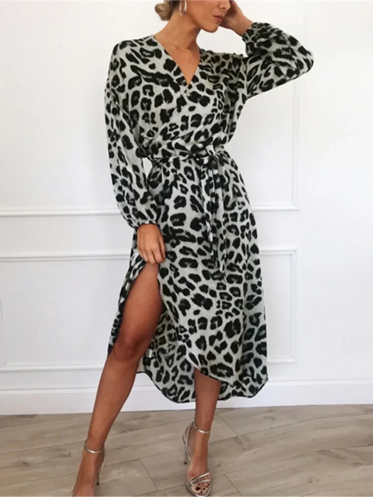 

Women's 2024 Autumn New Skirt Fashionable Leopard Print Sexy V-neck Long Sleeve Straightened Waist Casual Comfortable Dress
