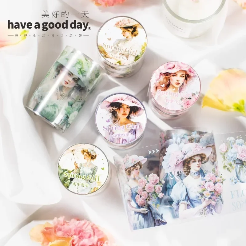 1 рулон, 2 м, клейкая упаковка, ПЭТ, весенний справочник для девочек, материал для украшения, петля, рукописная наклейка, вырез для скрапбукинга, 60 мм * 2 м