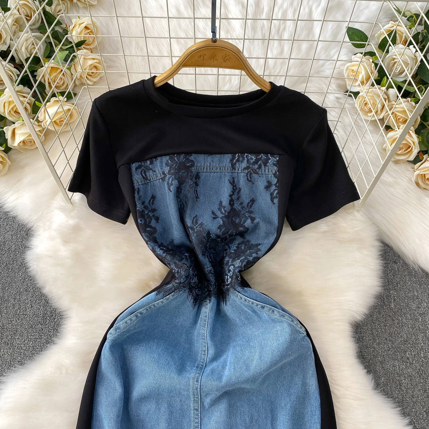 Female Fashionable High Waisted Split Denim Long Lace Patchwork Round Neck T-Shirt Dress