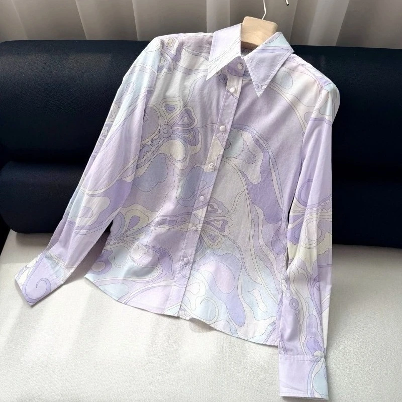 

2026 New Violet Purple Swirl Print Long Sleeve Button Down Shirt Blouse and Maxi Skirt Two Piece Set for Women