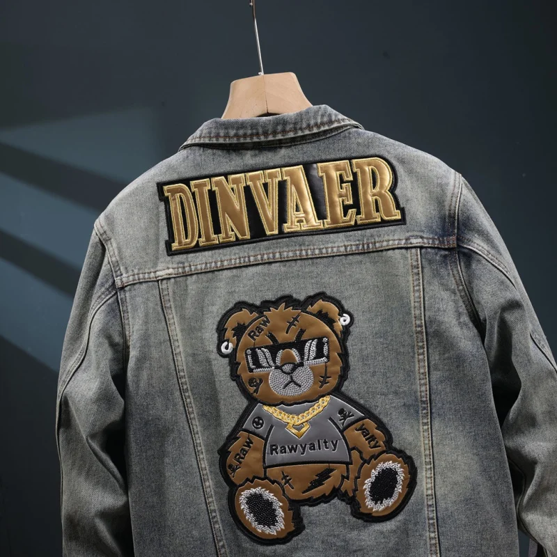 2024 New Street Fashion American Retro Denim Wear Men's Locomotive  Korean Style Pu Shuai Bear Embroidery Jacket