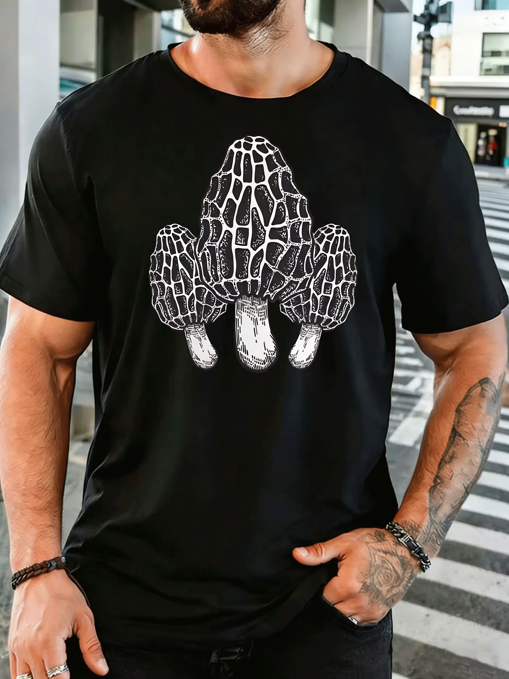 Men Morel Mushroom Graphic Tee Fungi Sketch Print Short Sleeve T Shirt Casual Crew Top For Mushroom Hunters Nature Outdoor Gift