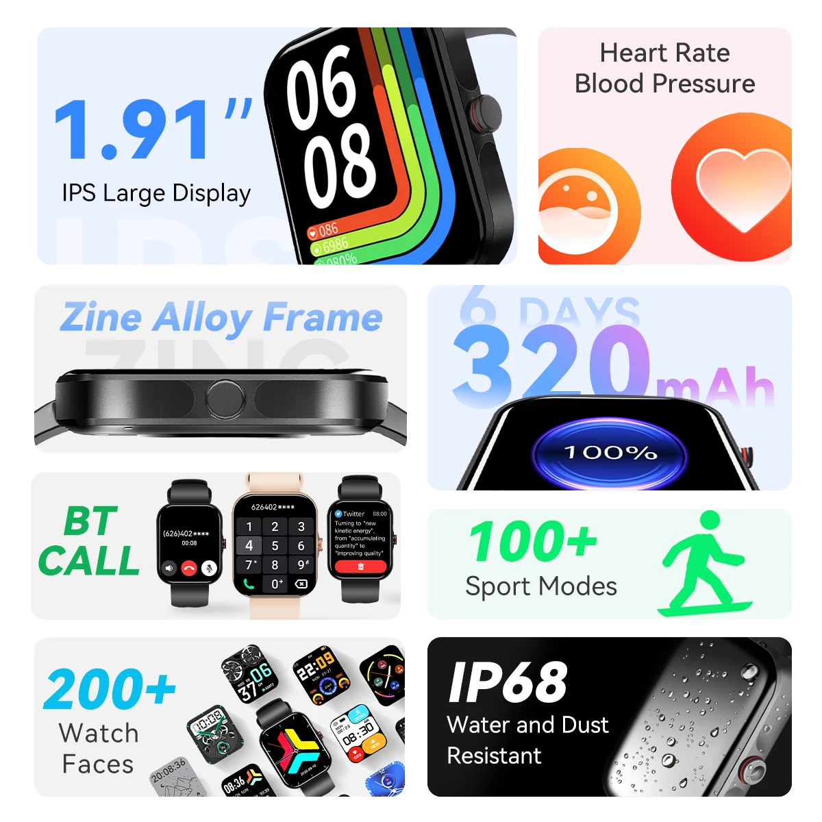 男性用のコネクテッドウォッチa230,1.91インチIPSスクリーン,酸素飽和度モニター,通話サポート,スポーツモード,アプリケーション付きブレスレット