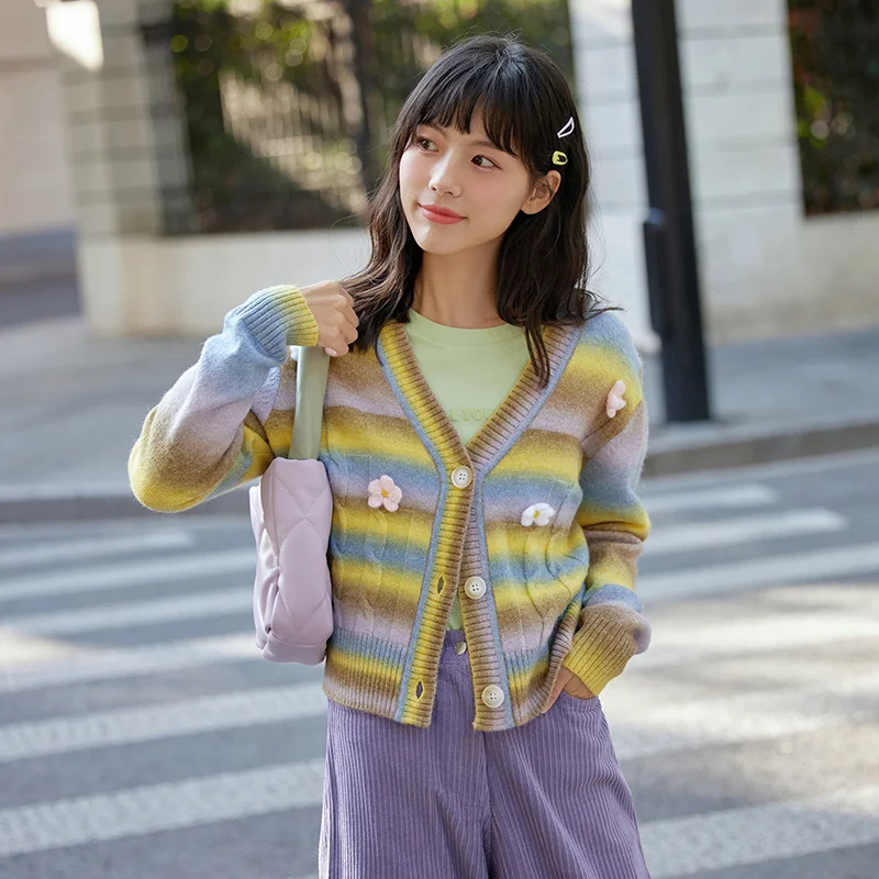 Semir Sweater Women Stripe Sweater Sweet Retro 2023 Autumn New Loose Flower V-Neck Cardigan Girl Fashion