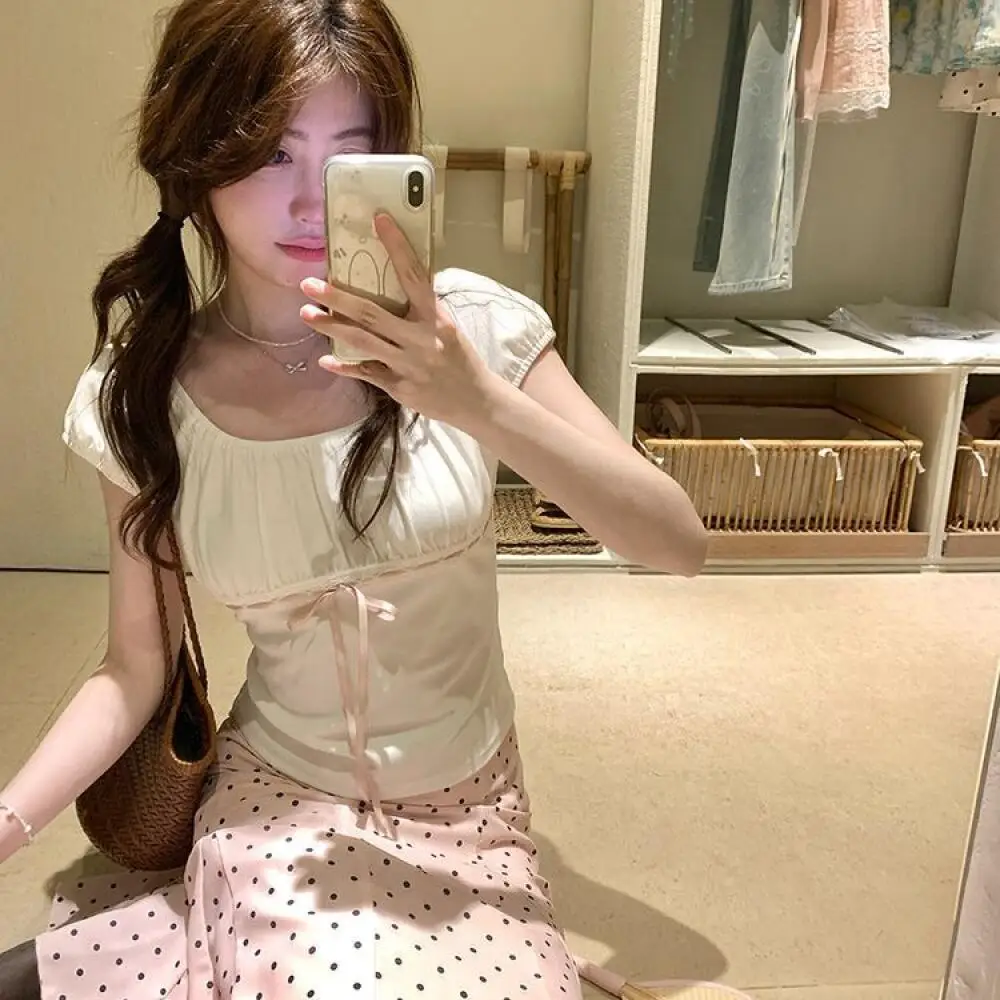 Japanese Sweet Skirt 2 Piece Set Women Slim Bow Short Sleeve Tops + Low Waist Polka Dot Skirt Girl Summer Elegant Fashion Outfit