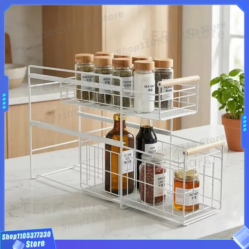 Modern White Iron Wire Basket Drawer 2 Layer Stackable Mesh Ventilated Storage Box Pull Out Kitchen Locker Organizer Double