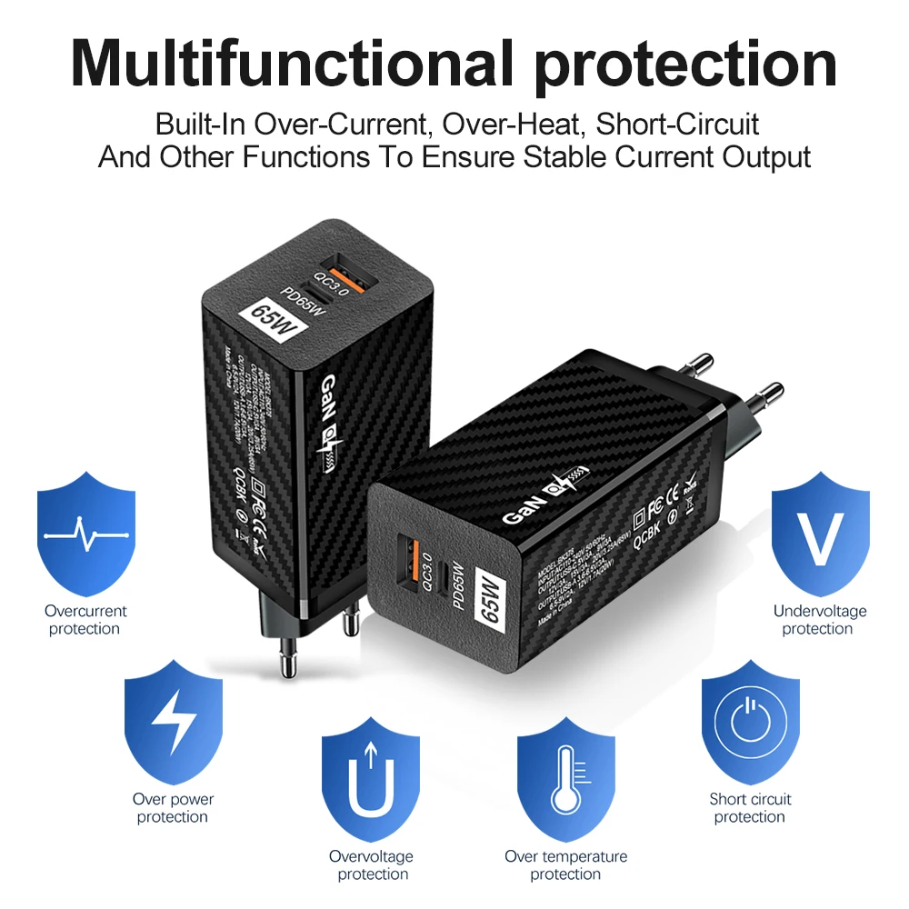 Cargador USB C GaN de 65W PD tipo C, adaptador de pared para teléfono móvil de carga rápida y rápida para iPhone 15 Xiaomi 14 Samsung