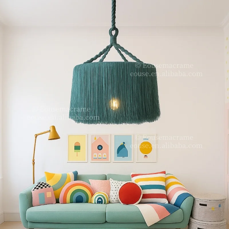 

Colorful Boho Macrame Fringe Pendant Lamp Handmade Cotton Tassel Lampshade for Kids Room Living Room Home Decor