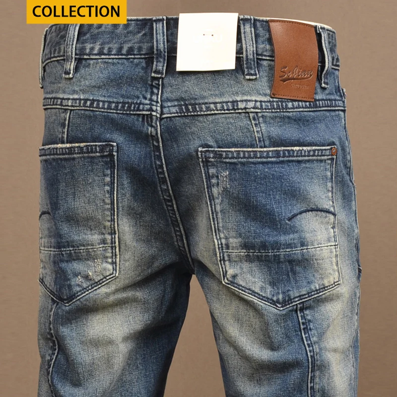 Pantalones vaqueros Retro lavados para hombre, Jeans ajustados elásticos de alta calidad, diseñador empalmado, Hip Hop, moda urbana