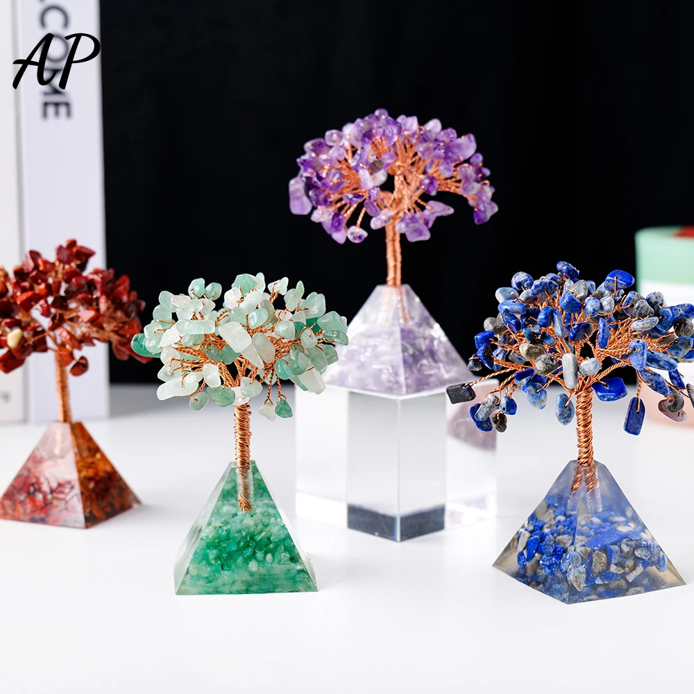 1PC Natural Stone Seven Chakra Crystal Gravels Money Tree With 4CM Orgen Pyramid Base Healing Stone Amethyst Chips Lucky Tree