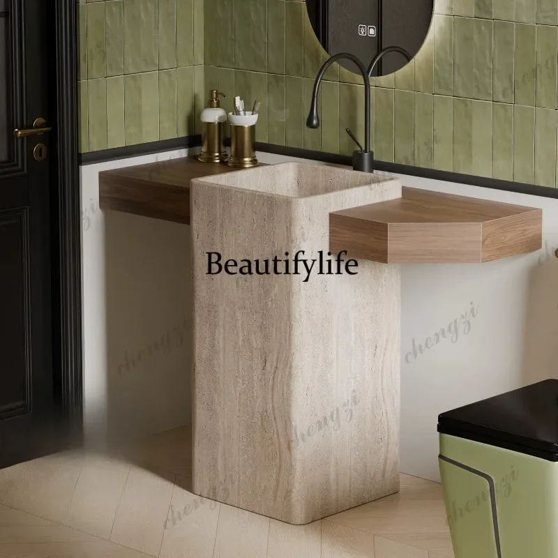 D136 Customized basin with rock slab column basin, cave stone pattern ceramic bathroom, household wash basin.