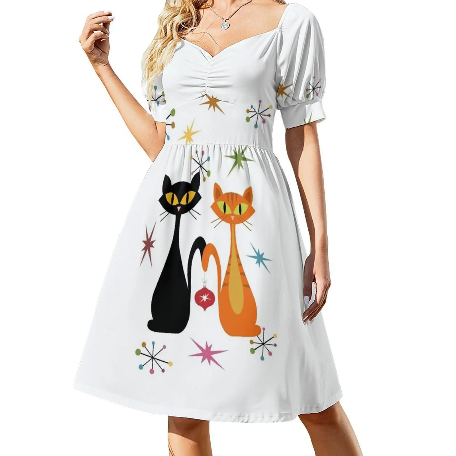 

Mid Century orange and black cats Christmas Short Sleeved Dress summer woman dress 2025 dresses ladies 2025 summer Dress