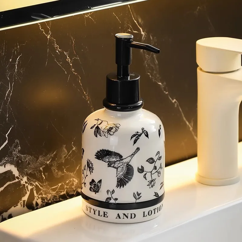 

420ml Vintage Ceramic Dispenser Bottle with Bird Print, Hand Press Refillable for Lotion Shampoo, Home Hotel Bathroom Decor
