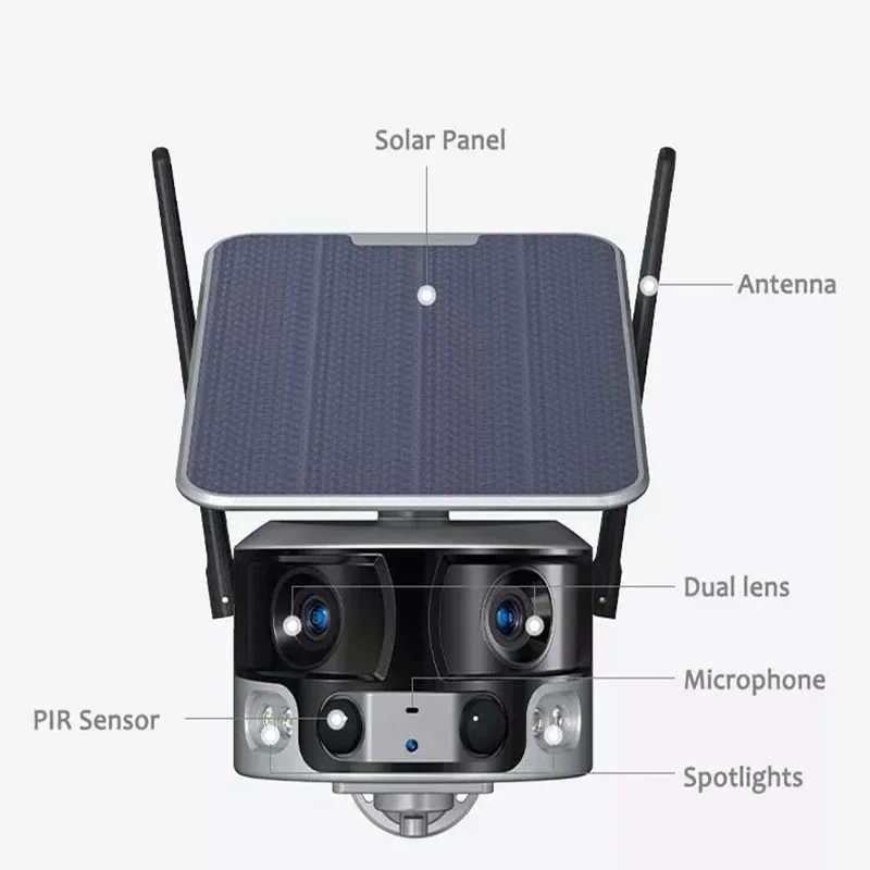 8MP 4K Wireless WiFi 4G Dual Lens Solar Panel Low Powered 180 Degree Angle Wireless Security WiFi 4G Sim Card Solar CCTV Camera