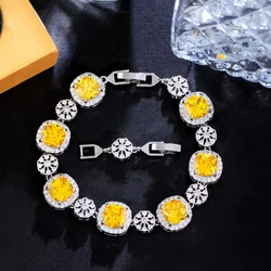 ThreeGraces Sparkly Yellow Cubic Zirconia Silver Color Geometric Square CZ Wedding Statement Bracelet for Women Jewelry BR295