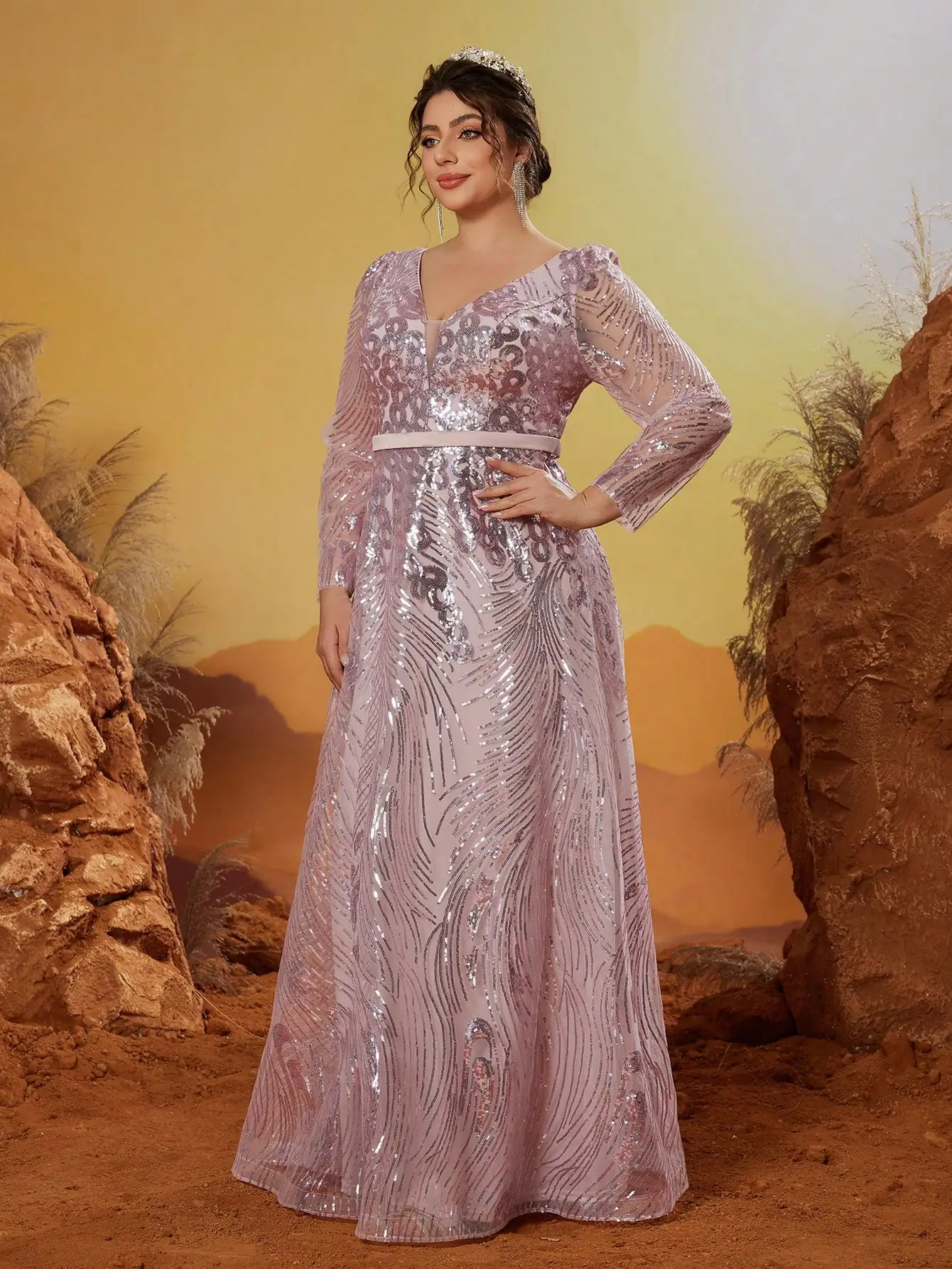 Mgiacy وصول جديد الخامس الرقبة نوبل حجم كبير ثوب السهرة فستان حزام الترتر فستان طويل #6