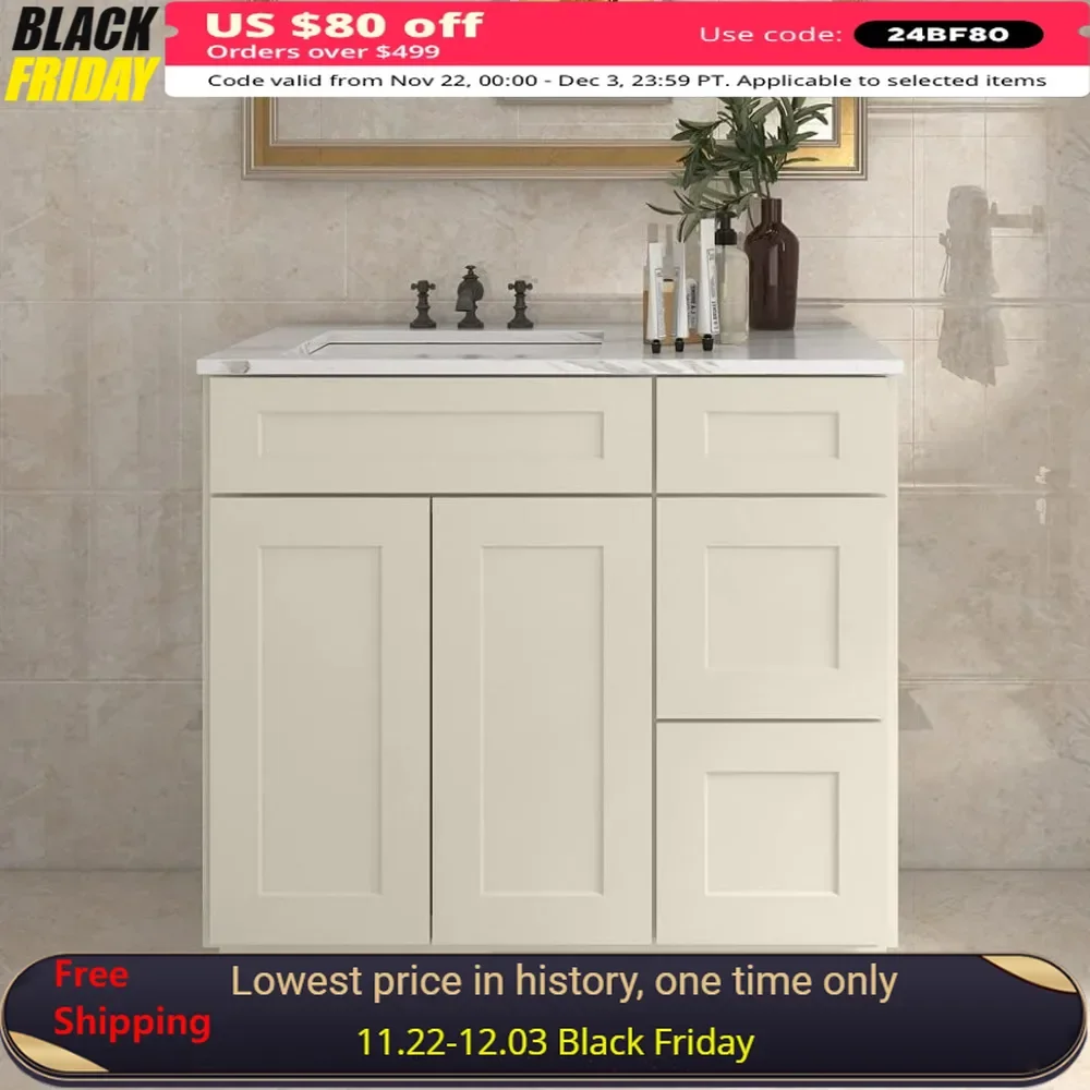 36'' Bathroom Vanity Sink Base Cabinet with 2-Doors, Storage Cabinet with 3-Drawers on The Right,Suitable for Bathrooms,Kitchens