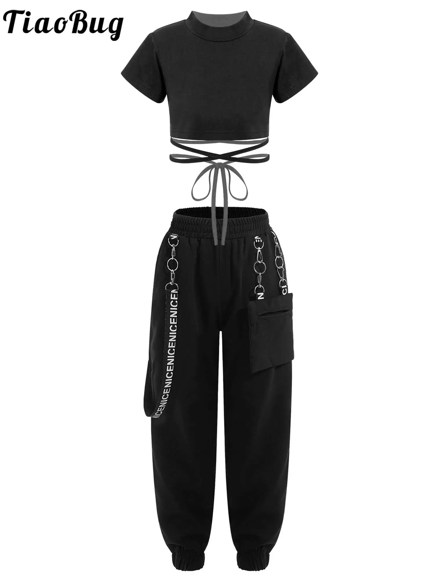 2PCS Kids Girls Short Sleeve Mock Neck Crop Top with Elastic Waistband Chain Mid Waist Pants for Jazz Dance Hip Hop Performance