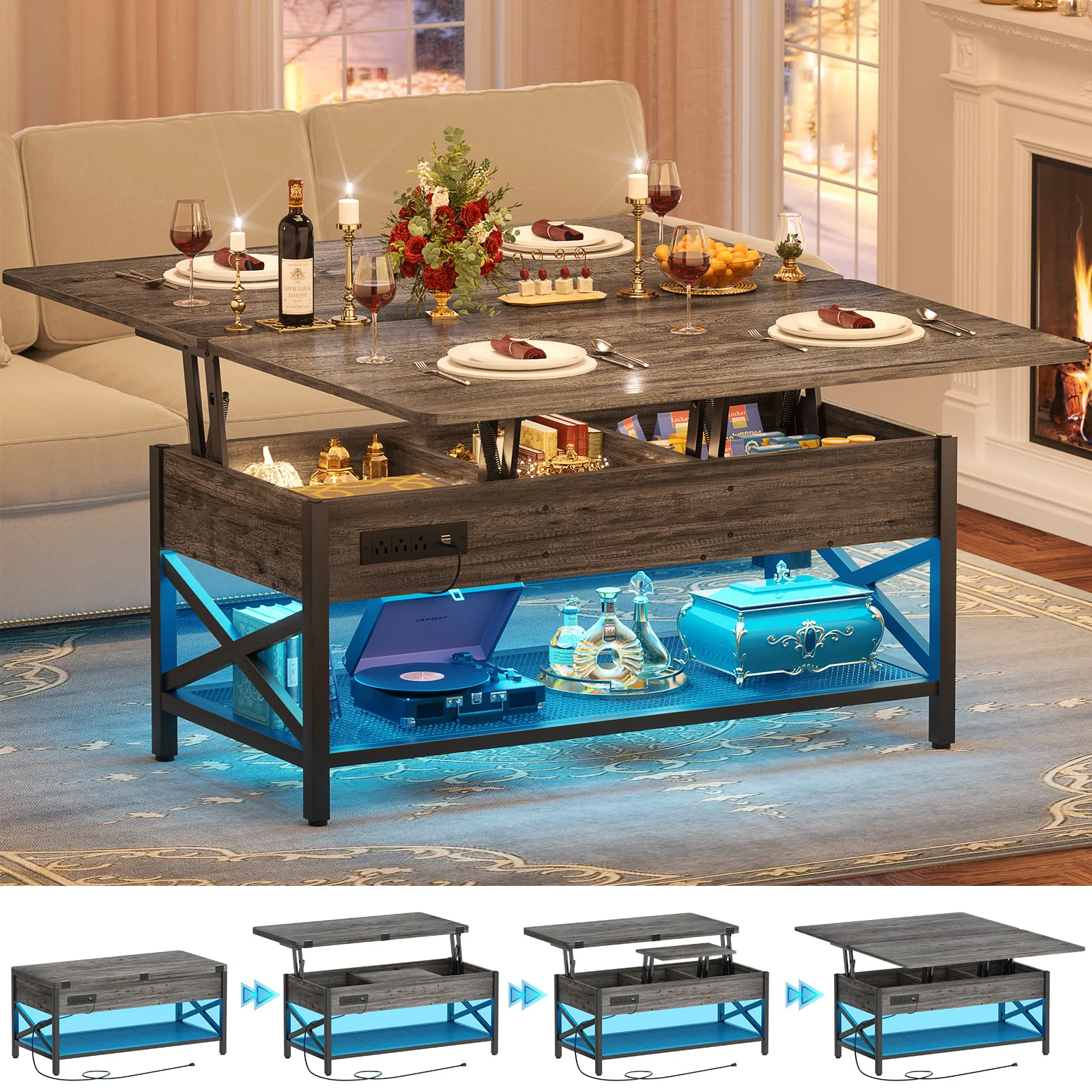 Aheaplus Lift‑Top Coffee Table with LED Lights & Power Outlet, 4‑in‑1 Multi‑Function Center Table Converts to Dining Table, Storage Shelves for Living Room, Home Office, Reception – Black Oak
