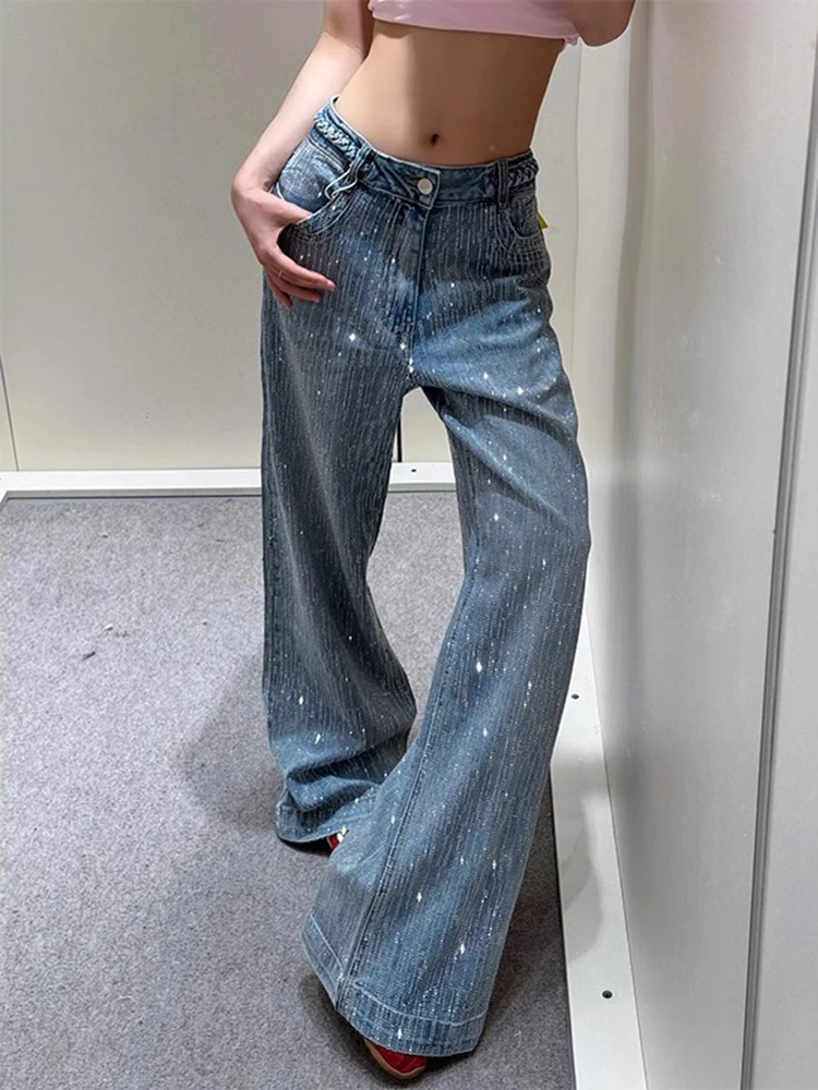 

Женские джинсы со стразами, джинсовые брюки в американском стиле ретро с бриллиантовой аппликацией, модные уличные женские блестящие прямые брюки