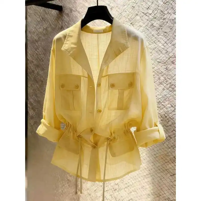 Summer Women Shirts Blouse Yellow Blue Purple Plus Size Shirt 2026 New Item Light Luxury Style Drawstring Temperament Shirt Top