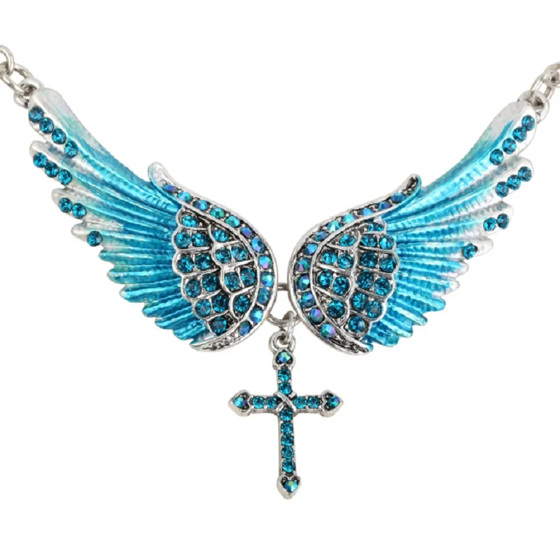 YACQ Angel Wing Cross Choker Necklace Guardian Women Biker Crystal Jewelry Gifts Her Girl Silver Color NC08 Dropshipping (18+2)
