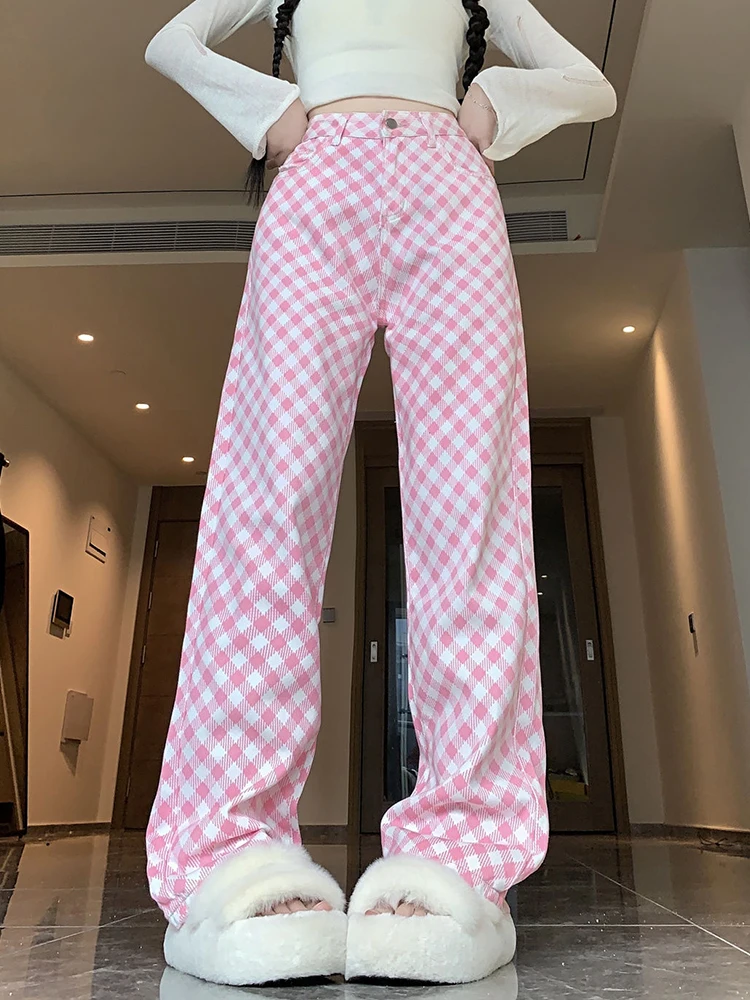 Jmprs Women Pink Plaid Pant High Waist Loose Vintage Korean Wide Leg Trousers Casual Pockets Sweet Female Retro Summer Pants New